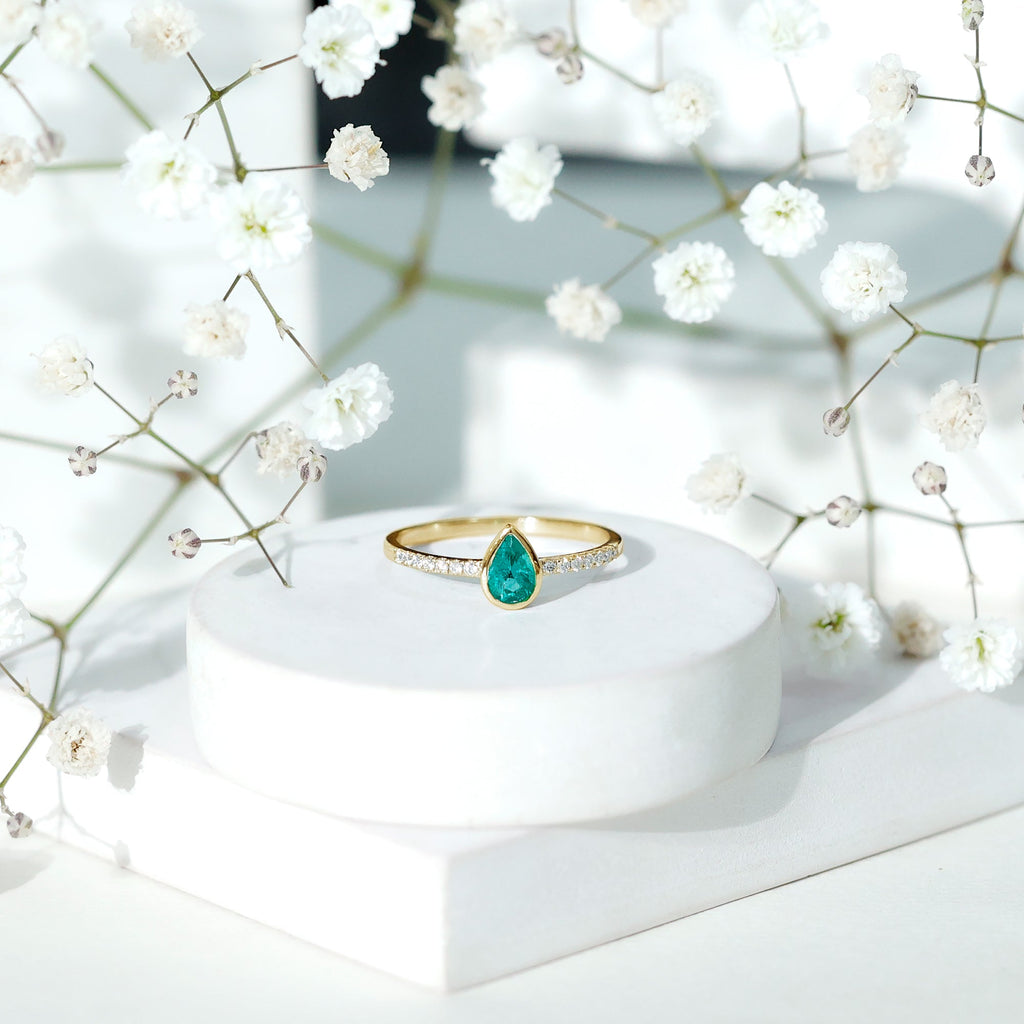 Pear Shaped Emerald Ring – AAA Quality Emerald Engagement With Diamond Side Stones