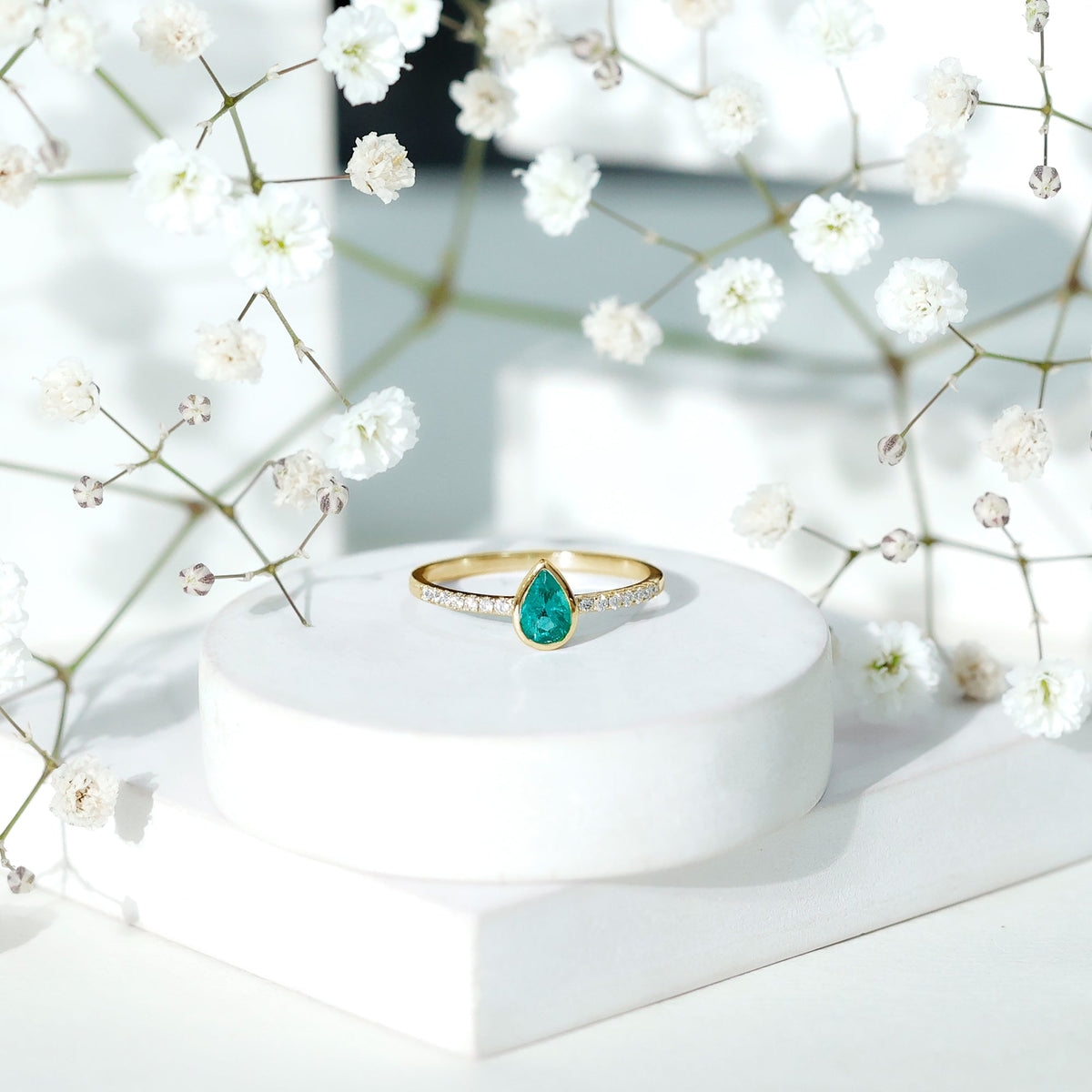 Pear Shaped Emerald Ring – AAA Quality Emerald Engagement With Diamond Side Stones