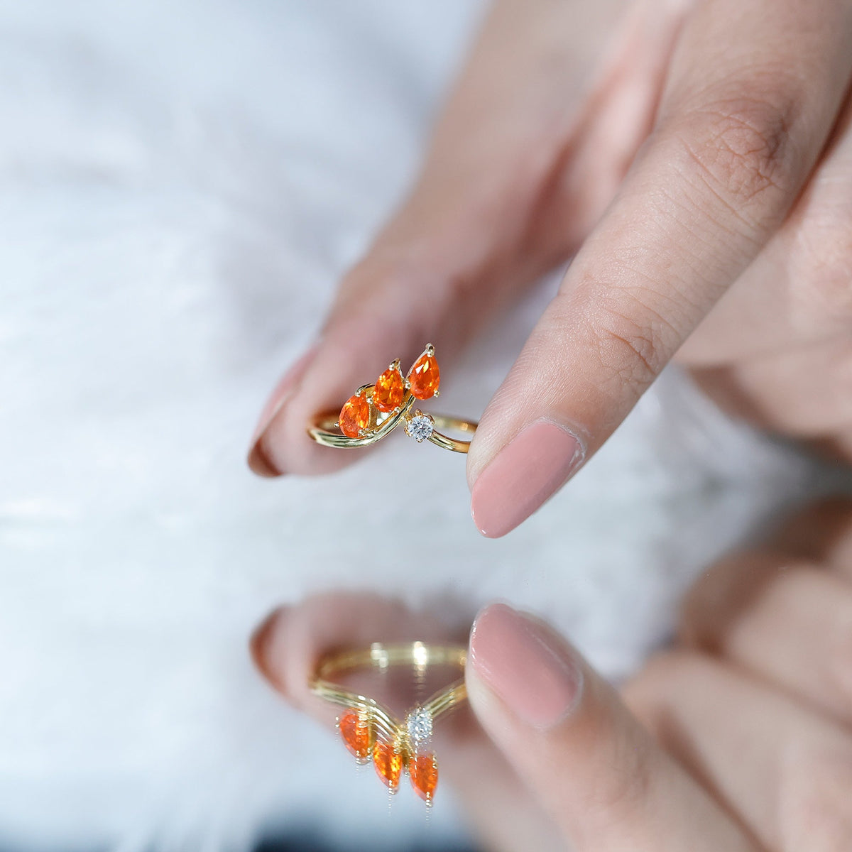 Pear Shaped Fire Opal Stackable Ring with Lab Grown Diamond