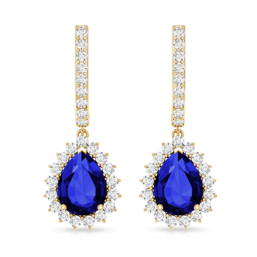 Pear Shaped Lab Grown Blue Sapphire and Diamond Hoop Drop Earrings
