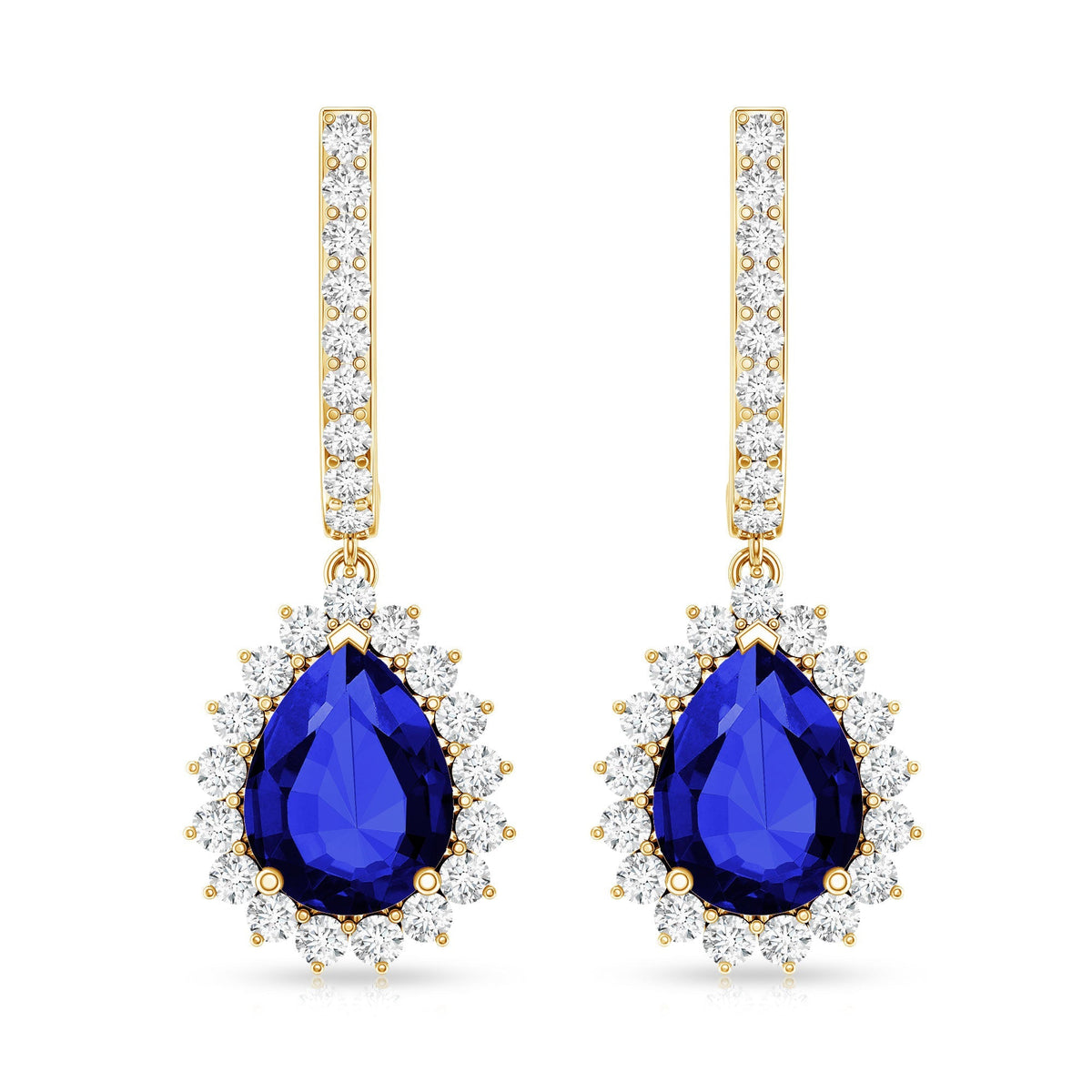 Pear Shaped Lab Grown Blue Sapphire and Diamond Hoop Drop Earrings