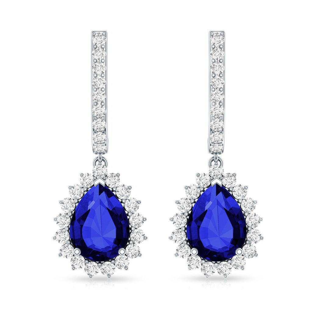Pear Shaped Lab Grown Blue Sapphire and Diamond Hoop Drop Earrings