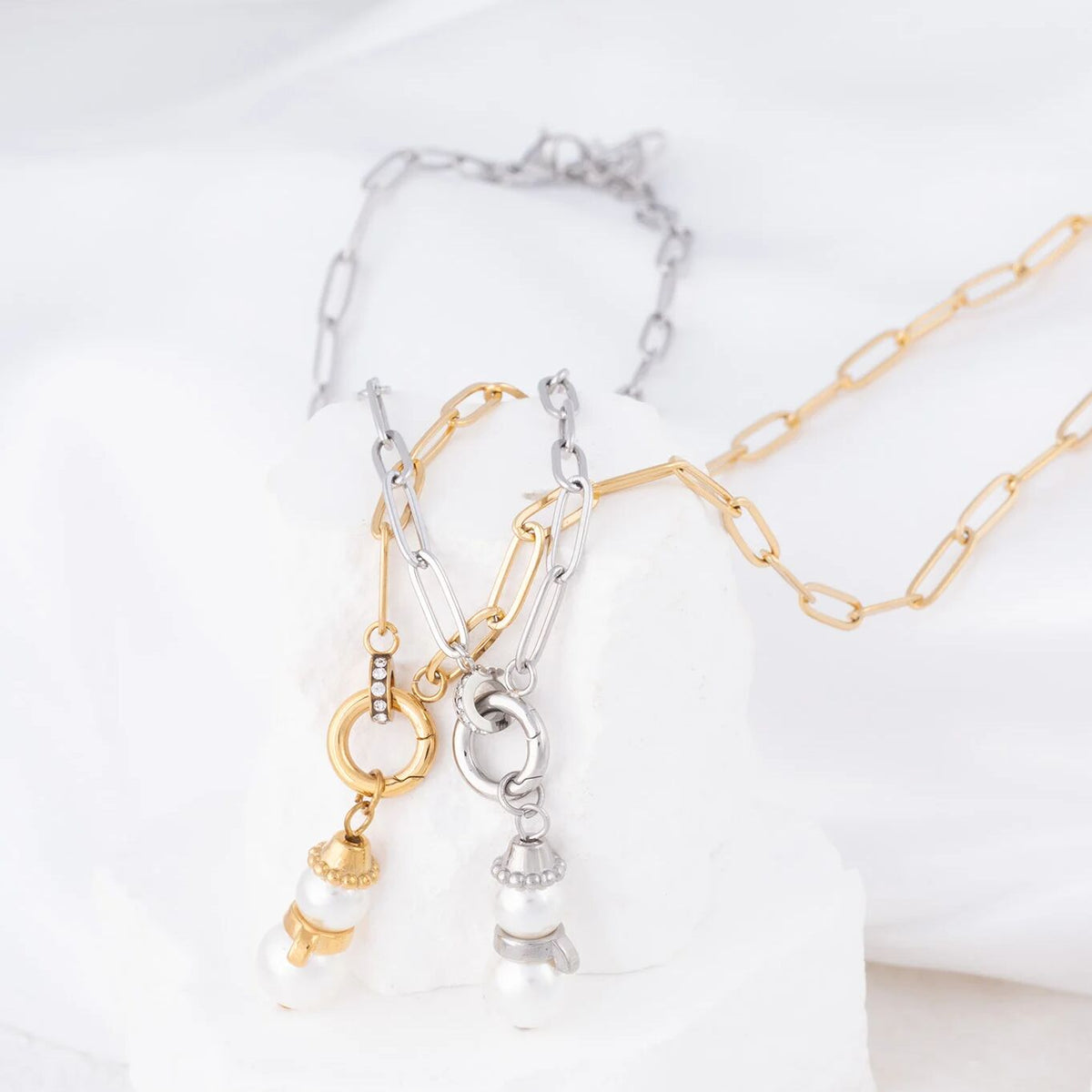 Wholesale Jewelry 18K Gold PVD Stainless Steel Pearl Snowman Charm- gold and silver studio 