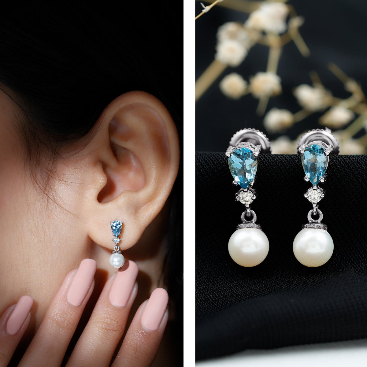 Pearl Wedding Earrings – Freshwater Pearl & Aquamarine Drop Bridal Jewelry