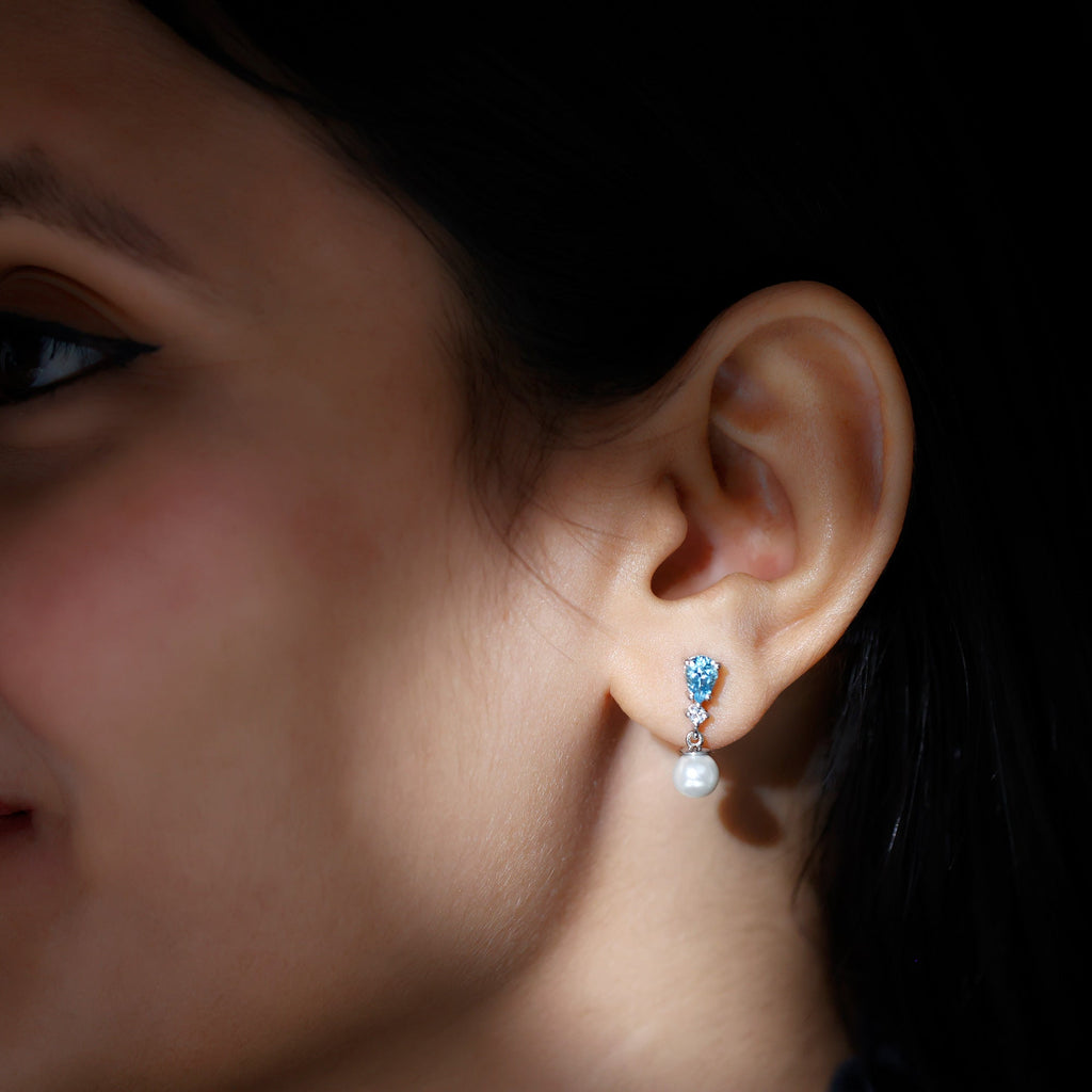 Pearl Wedding Earrings – Freshwater Pearl & Aquamarine Drop Bridal Jewelry
