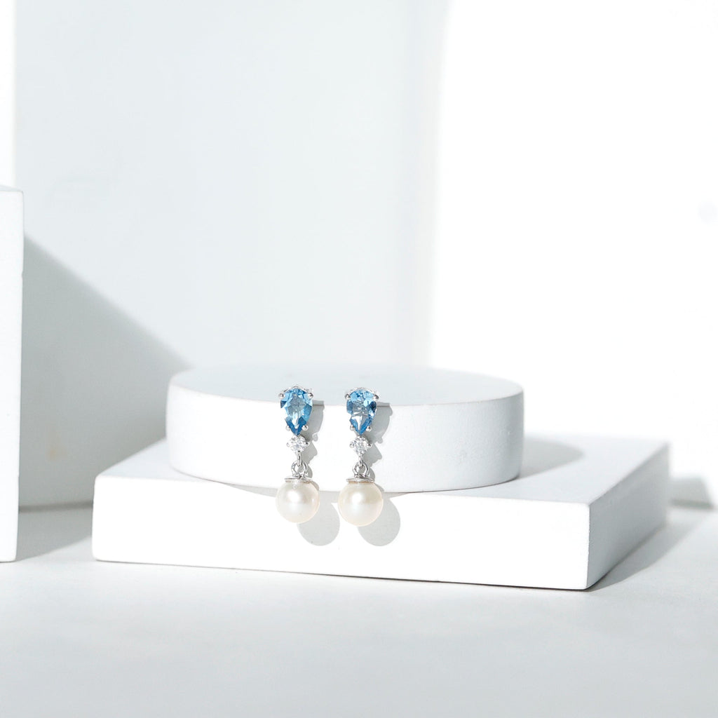 Pearl Wedding Earrings – Freshwater Pearl & Aquamarine Drop Bridal Jewelry