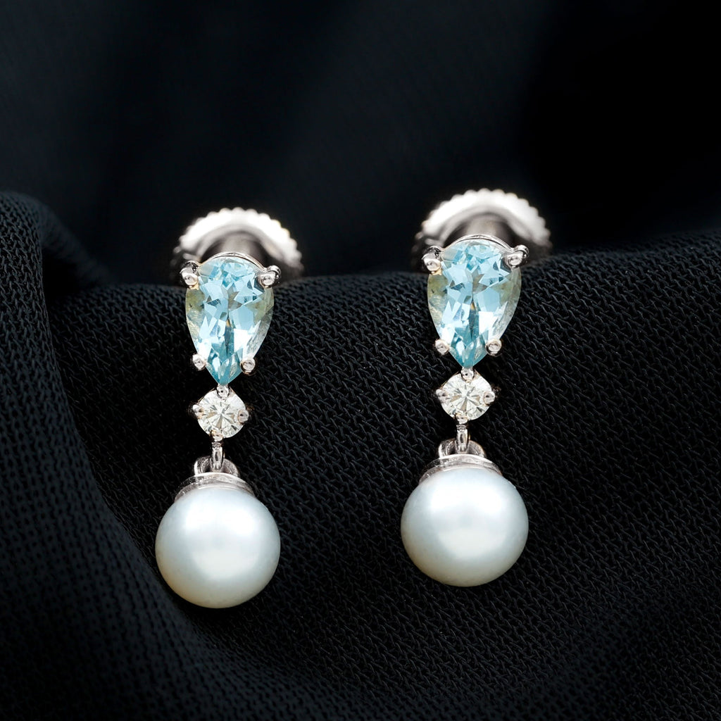 Pearl Wedding Earrings – Freshwater Pearl & Aquamarine Drop Bridal Jewelry