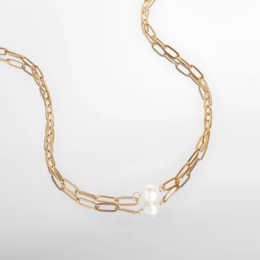 18K Gold PVD Stainless Steel Paperclip Necklace With Pearl