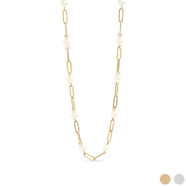 18K Gold PVD Stainless Steel Pearl Paperclip Chain Necklace