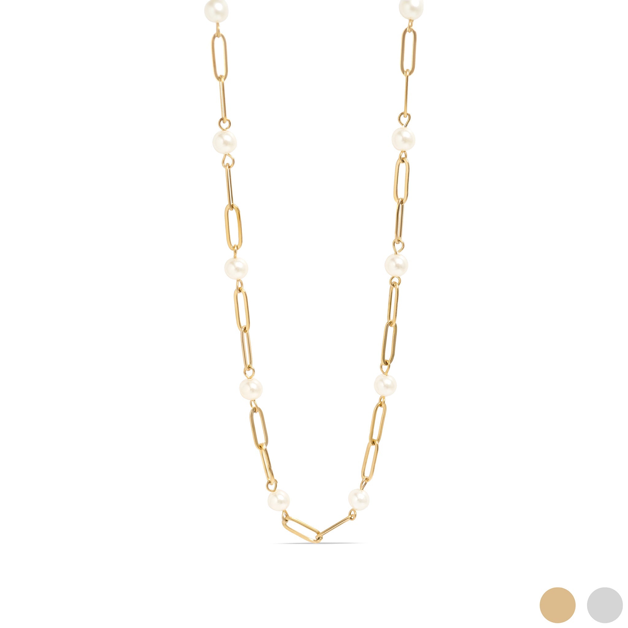 Gold Paperclip Necklace – 18K Gold Jewelry With Pearl Stations | Stainless Steel Chain