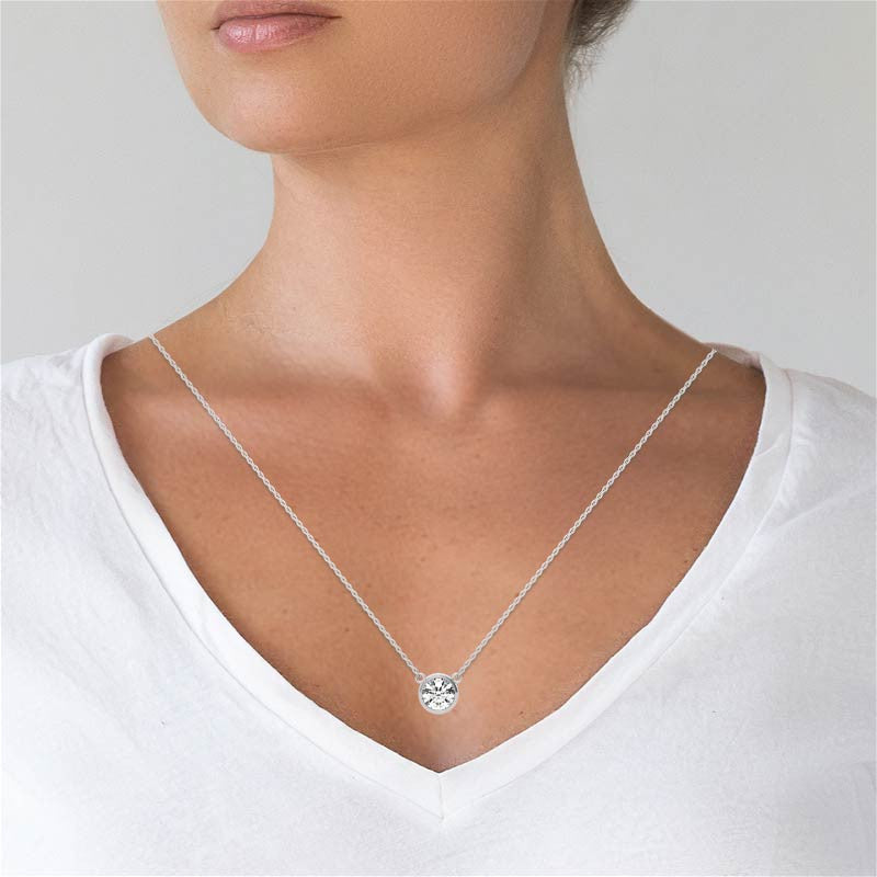 Lab Grown Diamond Pendant – 2 Carat Round Brilliant Diamond Necklace | 14K Gold Bezel
