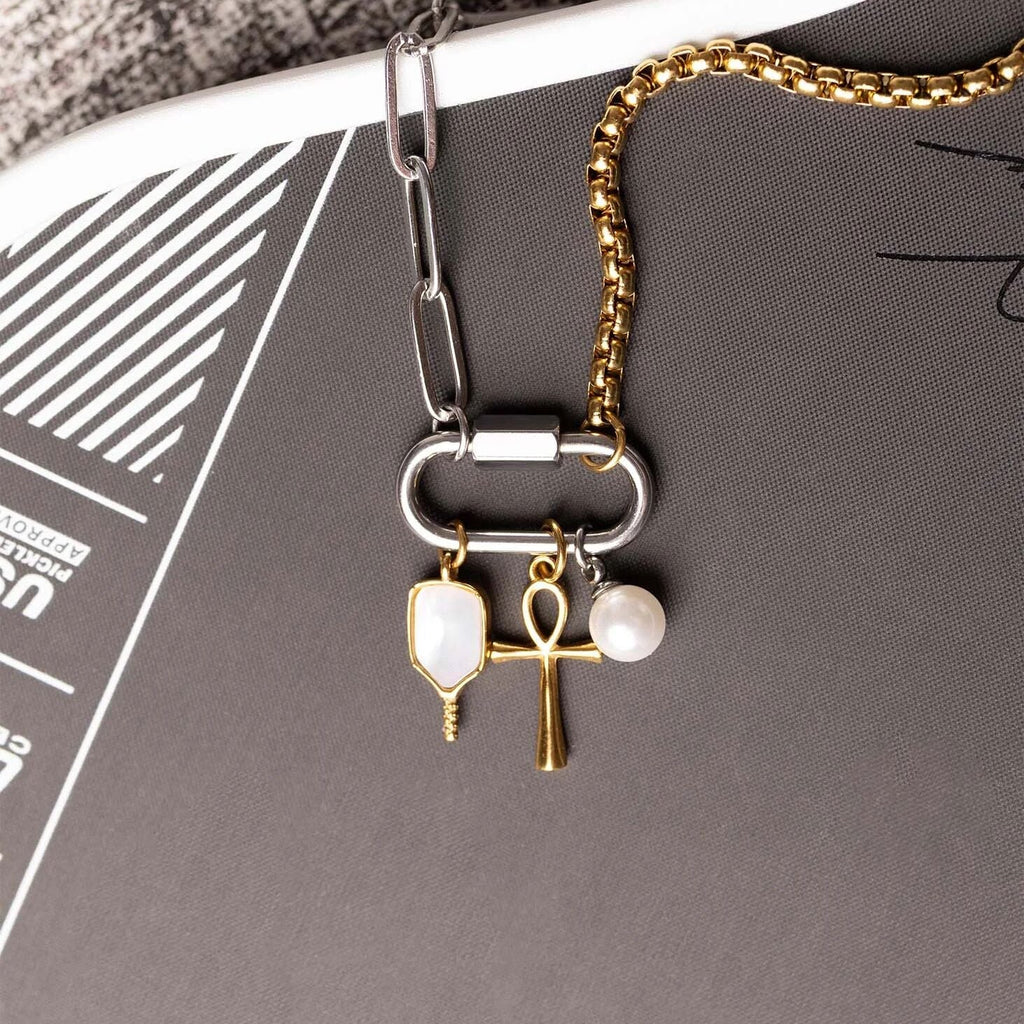Pickleball Charm 18K Gold Stainless Steel - Mother Of Pearl Inlay, PVD Coated Jewelry - charm | Sunflower Soul Boutique