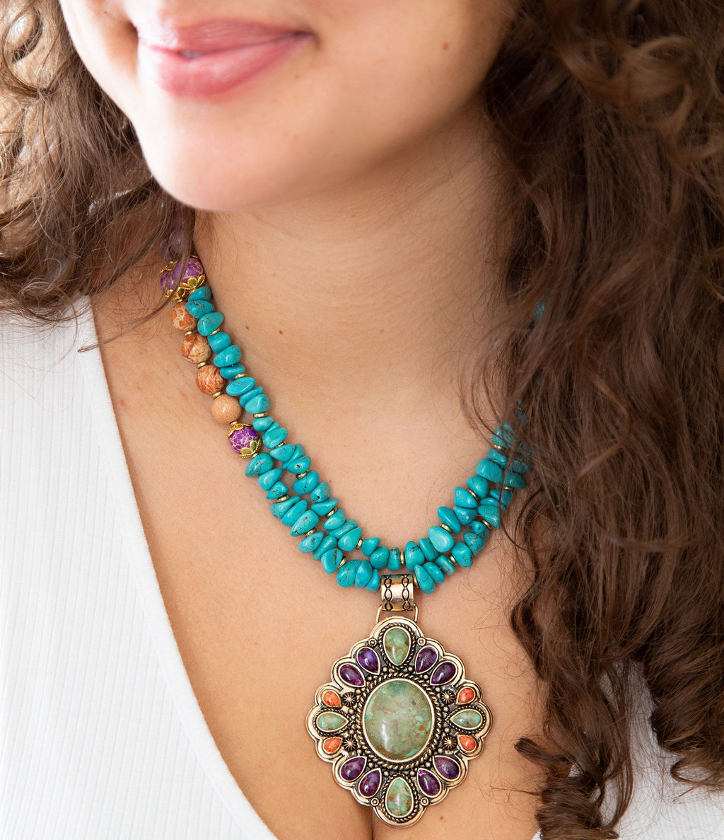Prescott Blue Turquoise Purple and Orange Statement Pendant Golden Necklace