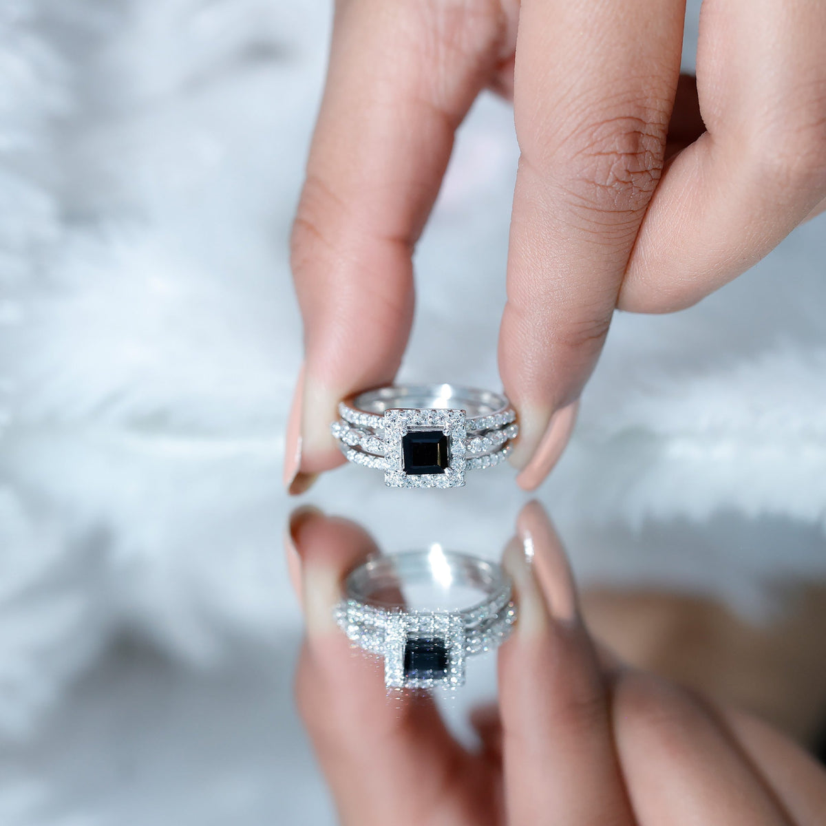 Princess Cut Black Onyx and Moissanite Trio Wedding Ring Set