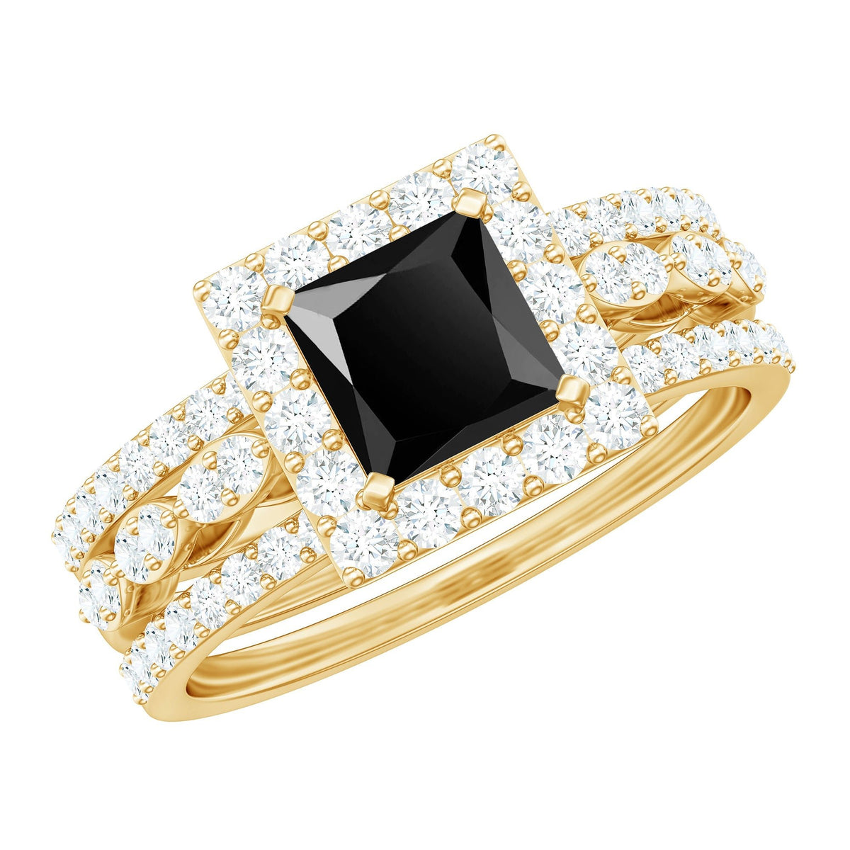 Princess Cut Black Onyx and Moissanite Trio Wedding Ring Set