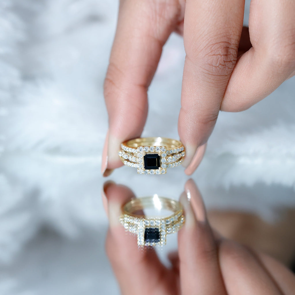 Princess Cut Black Onyx and Moissanite Trio Wedding Ring Set