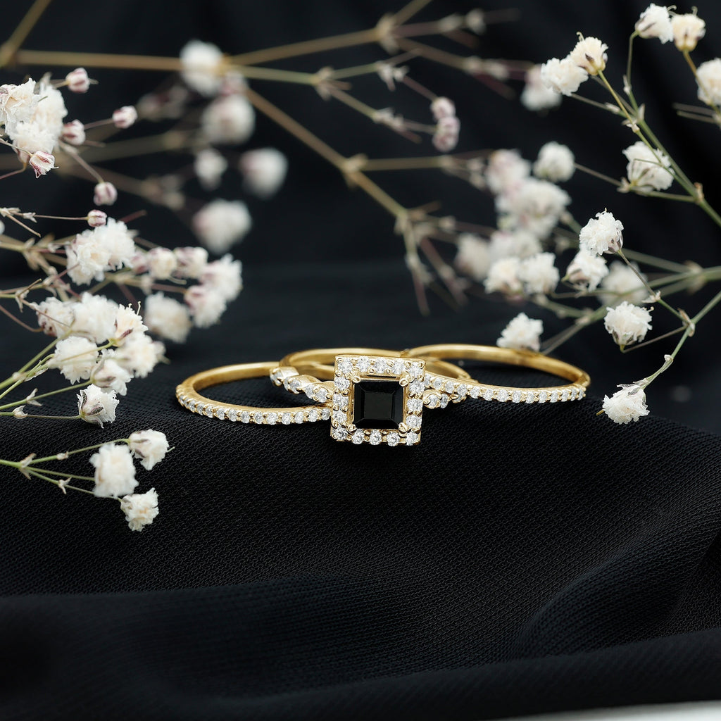 Princess Cut Black Onyx and Moissanite Trio Wedding Ring Set