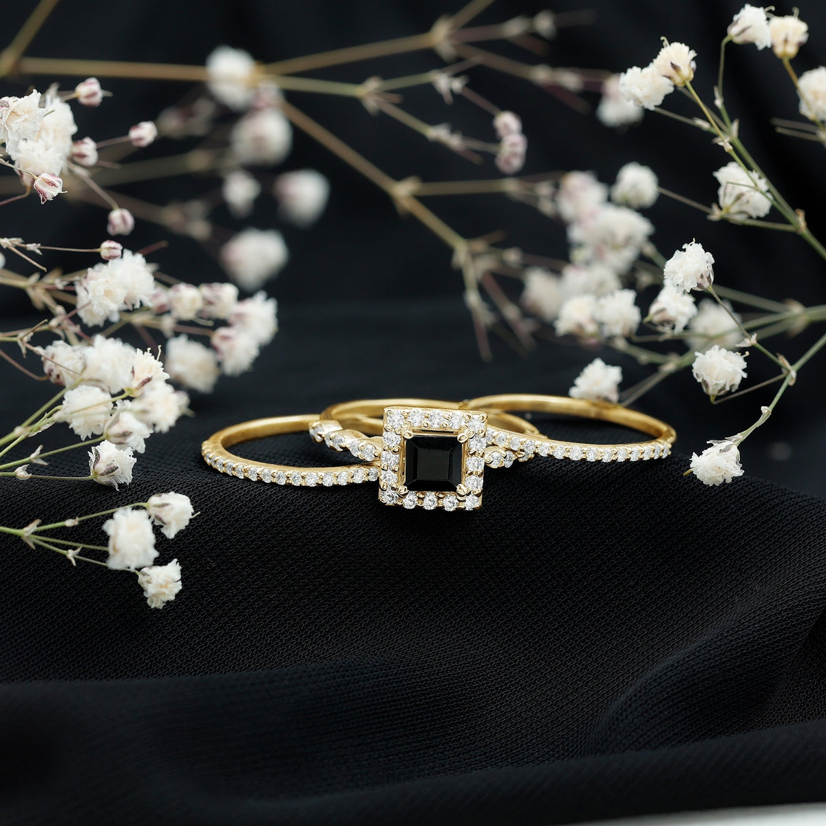 Princess Cut Black Onyx and Moissanite Trio Wedding Ring Set