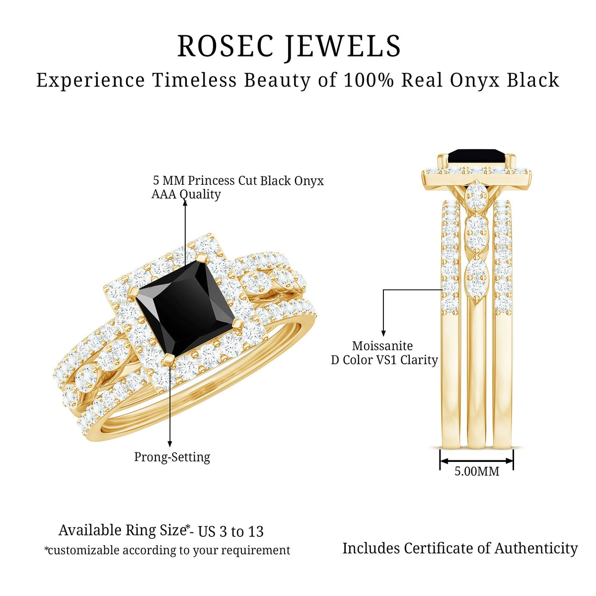 Princess Cut Black Onyx and Moissanite Trio Wedding Ring Set