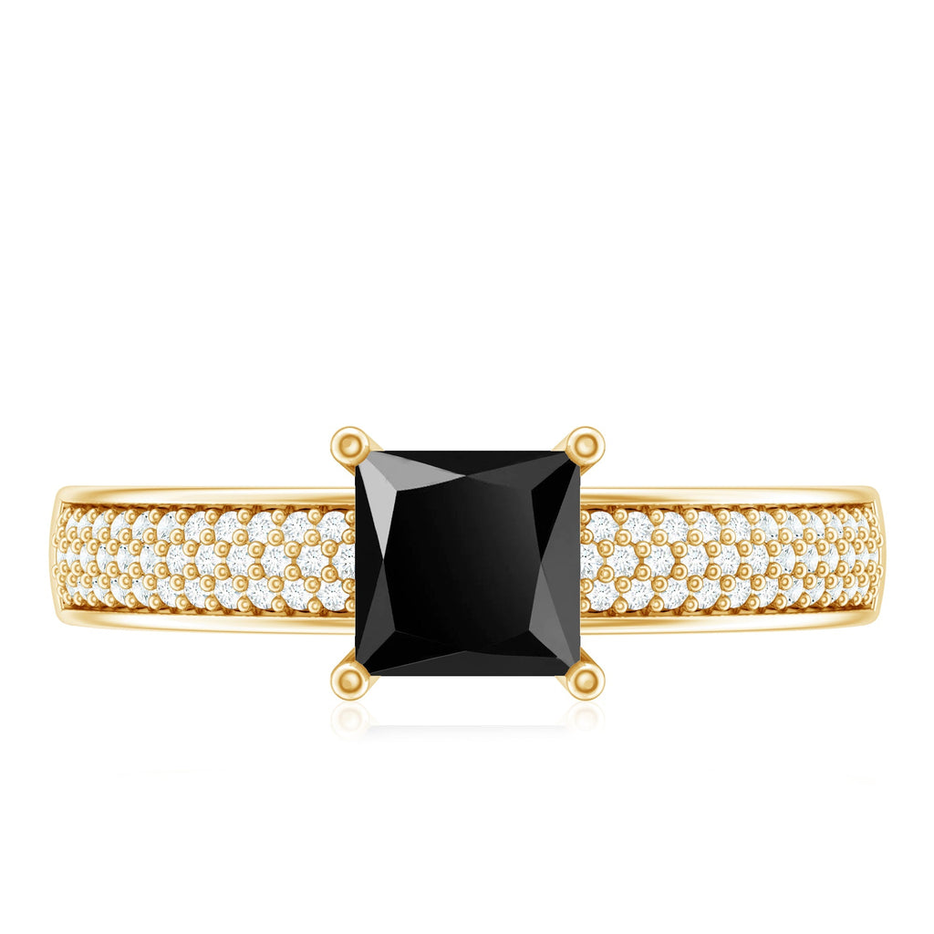 Princess Cut Black Spinel Engagement Ring with Diamond Side Stones
