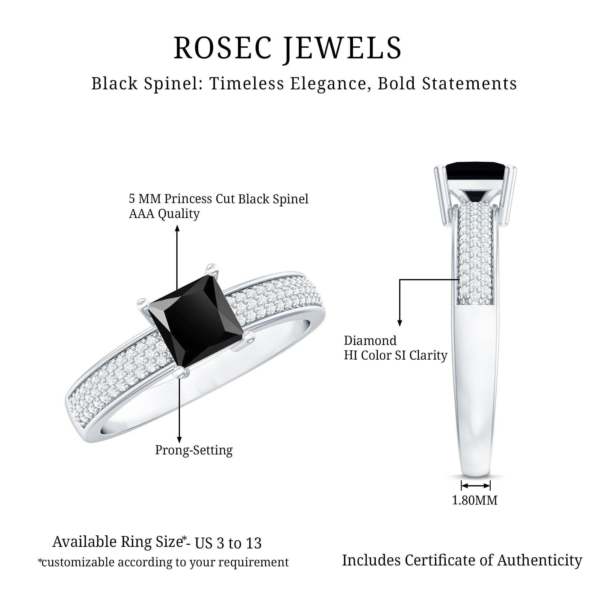 Princess Cut Black Spinel Engagement Ring with Diamond Side Stones