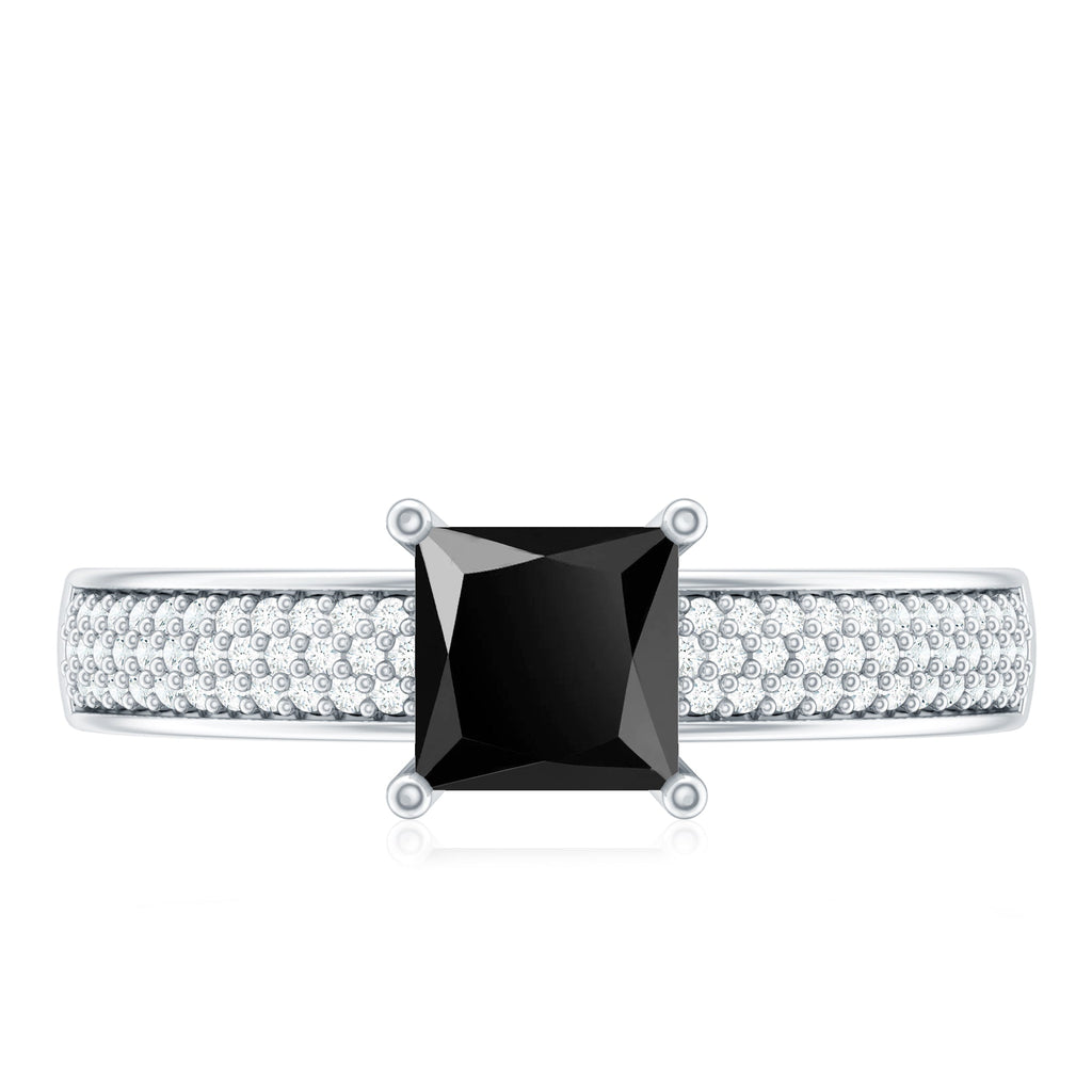 Princess Cut Black Spinel Engagement Ring with Diamond Side Stones