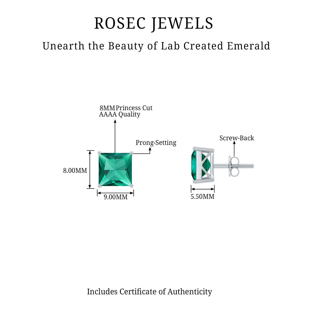 Princess Cut Emerald Earrings – 4 Carat Lab Grown Solitaire Studs AAAA Quality
