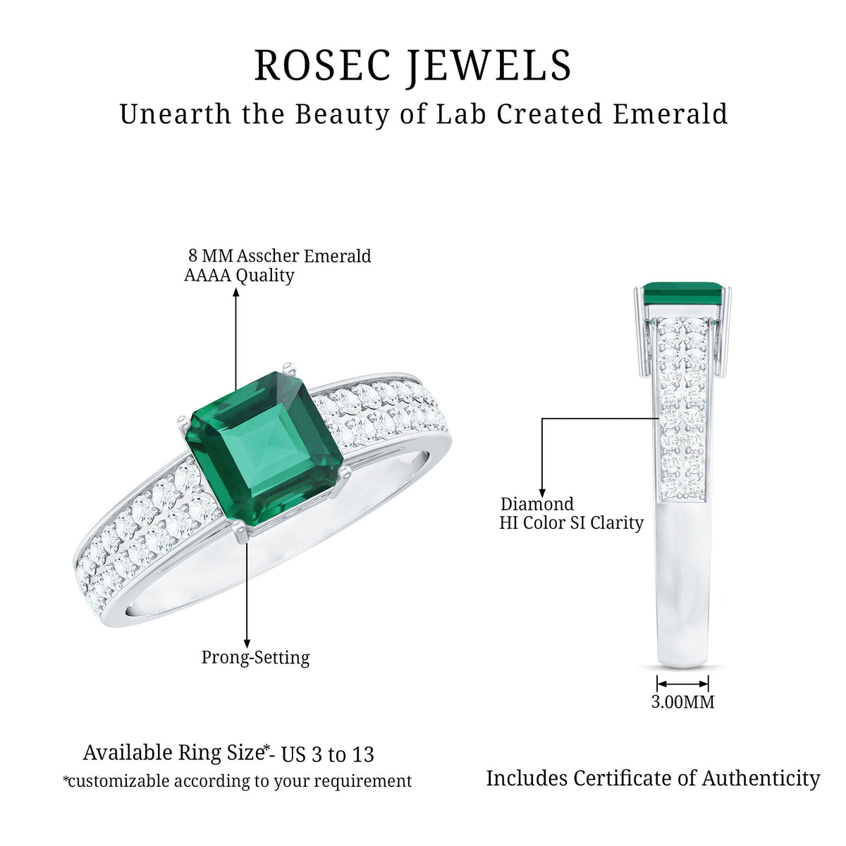 Princess Cut Emerald Ring – 6 Carat Lab Created Emerald with Diamond Side Stones