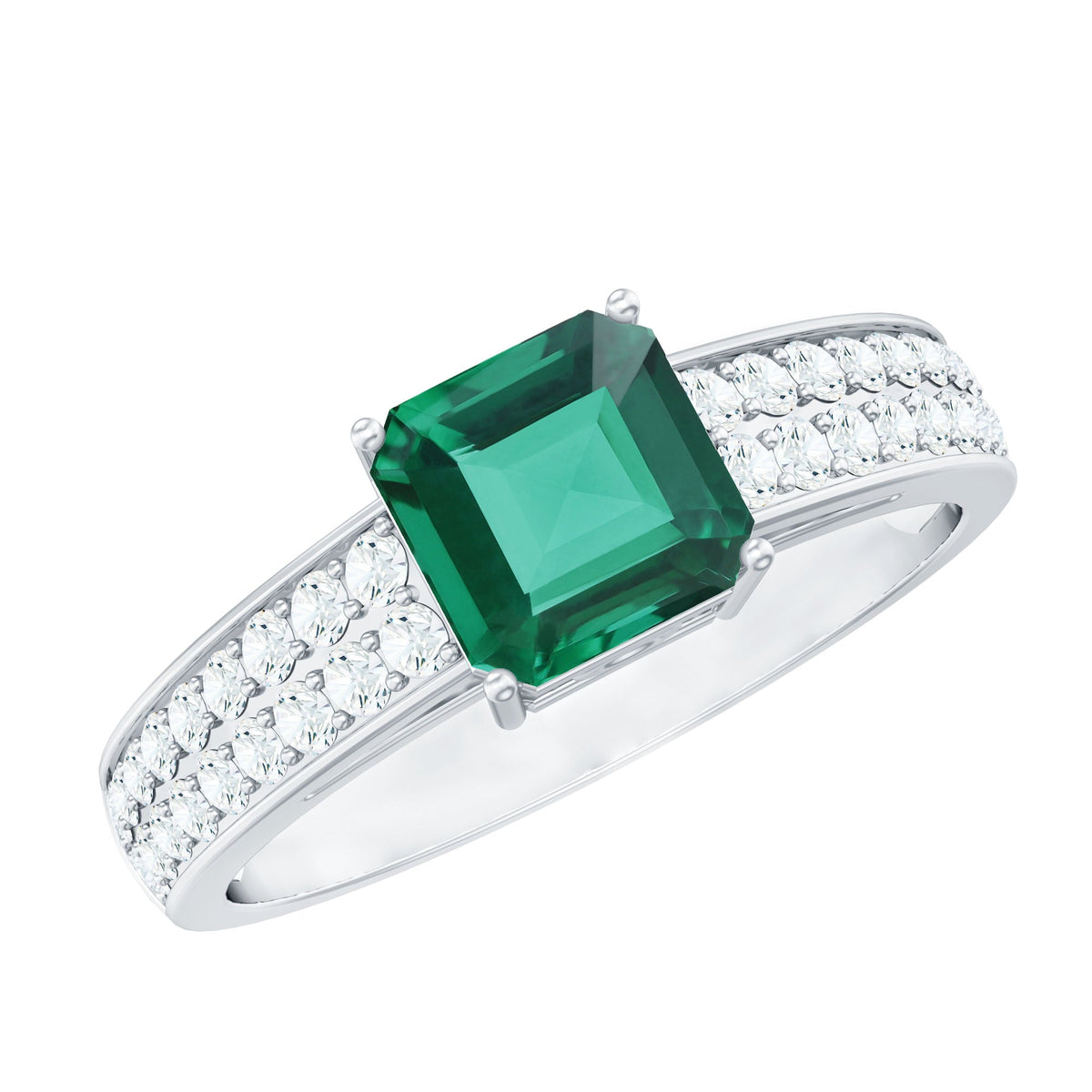 Princess Cut Emerald Ring – 6 Carat Lab Created Emerald with Diamond Side Stones