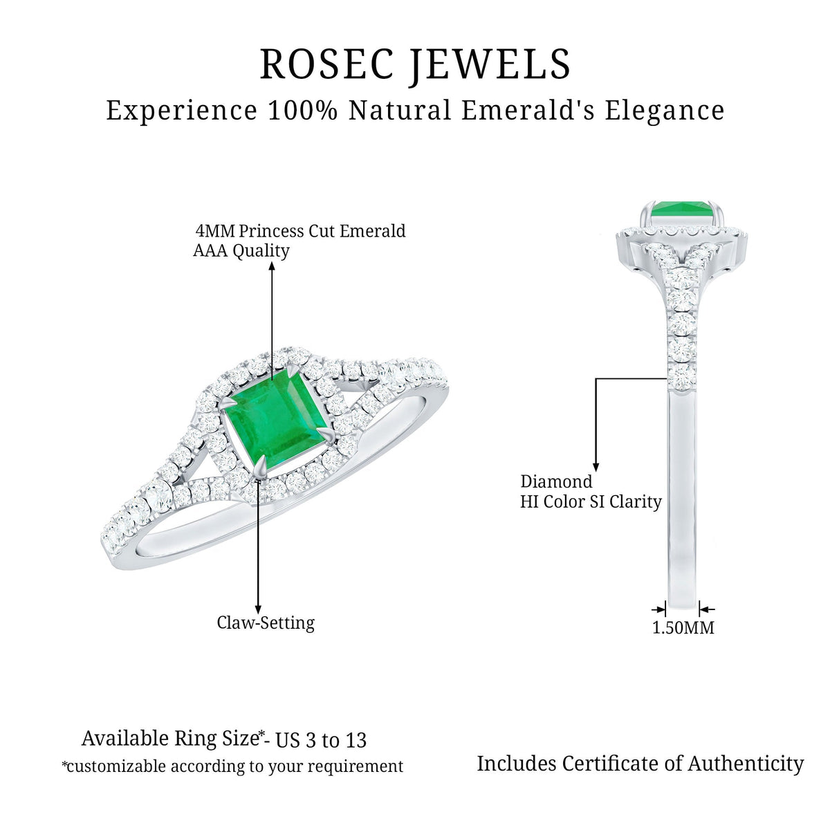 Princess Cut Emerald Ring – Diamond Split Shank, Vibrant Green Engagement Jewelry