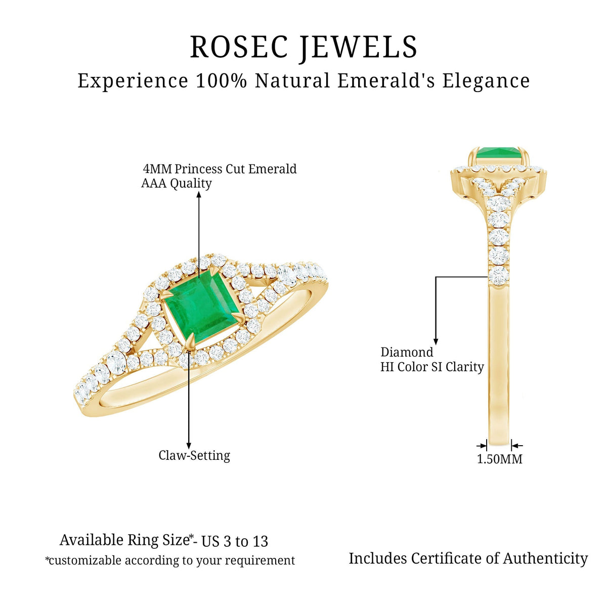 Princess Cut Emerald Ring – Diamond Split Shank, Vibrant Green Engagement Jewelry