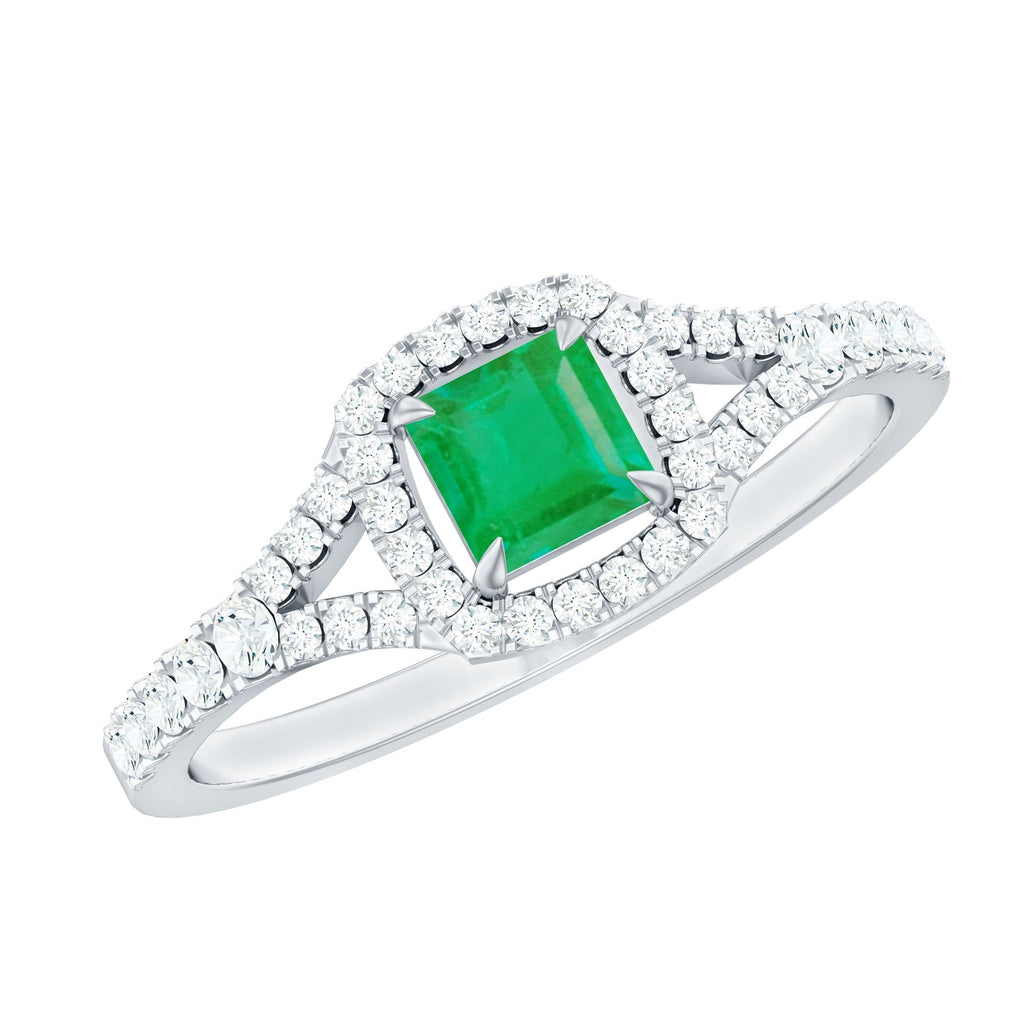 Princess Cut Emerald Ring – Diamond Split Shank, Vibrant Green Engagement Jewelry
