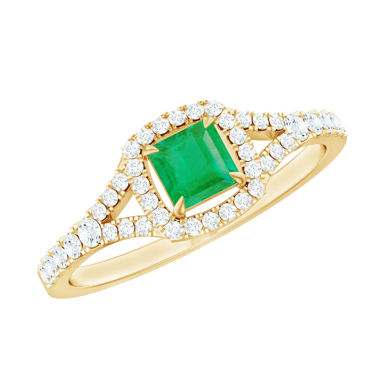 Princess Cut Emerald Ring – Diamond Split Shank, Vibrant Green Engagement Jewelry