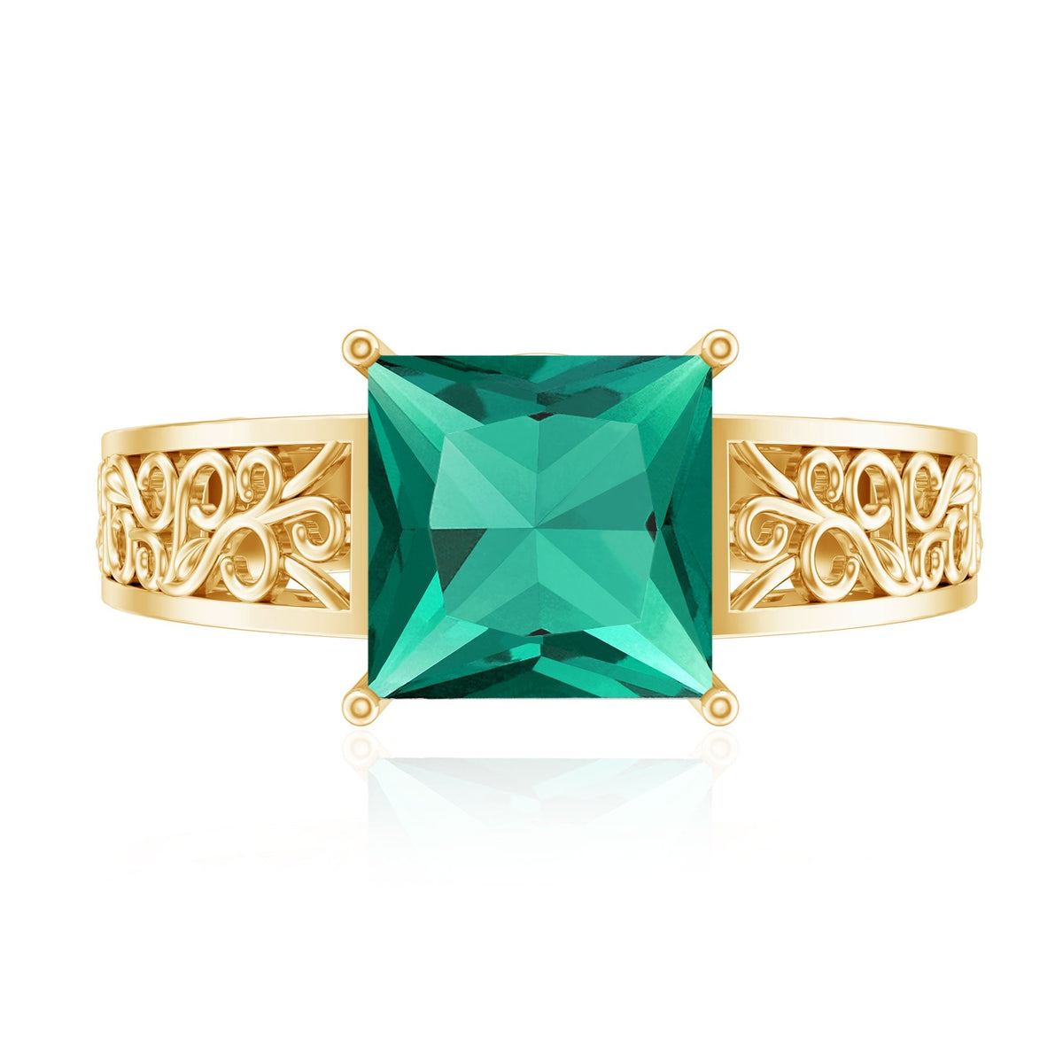 Princess Cut Emerald Ring – Lab Grown 2 Carat Filigree Engagement Ring With Diamond Accent