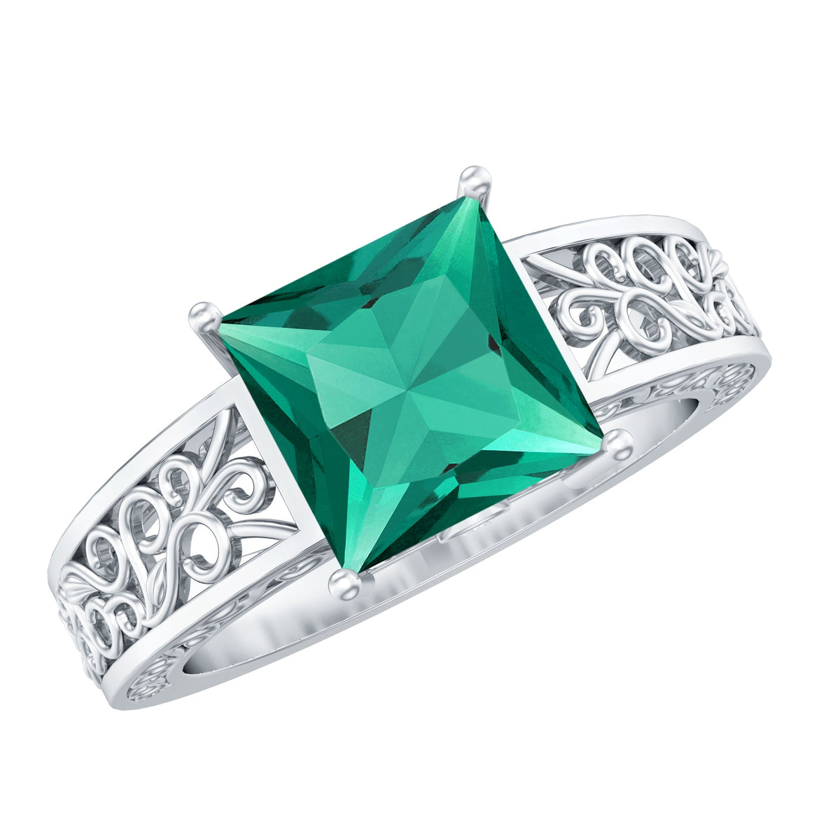 Princess Cut Emerald Ring – Lab Grown 2 Carat Filigree Engagement Ring With Diamond Accent