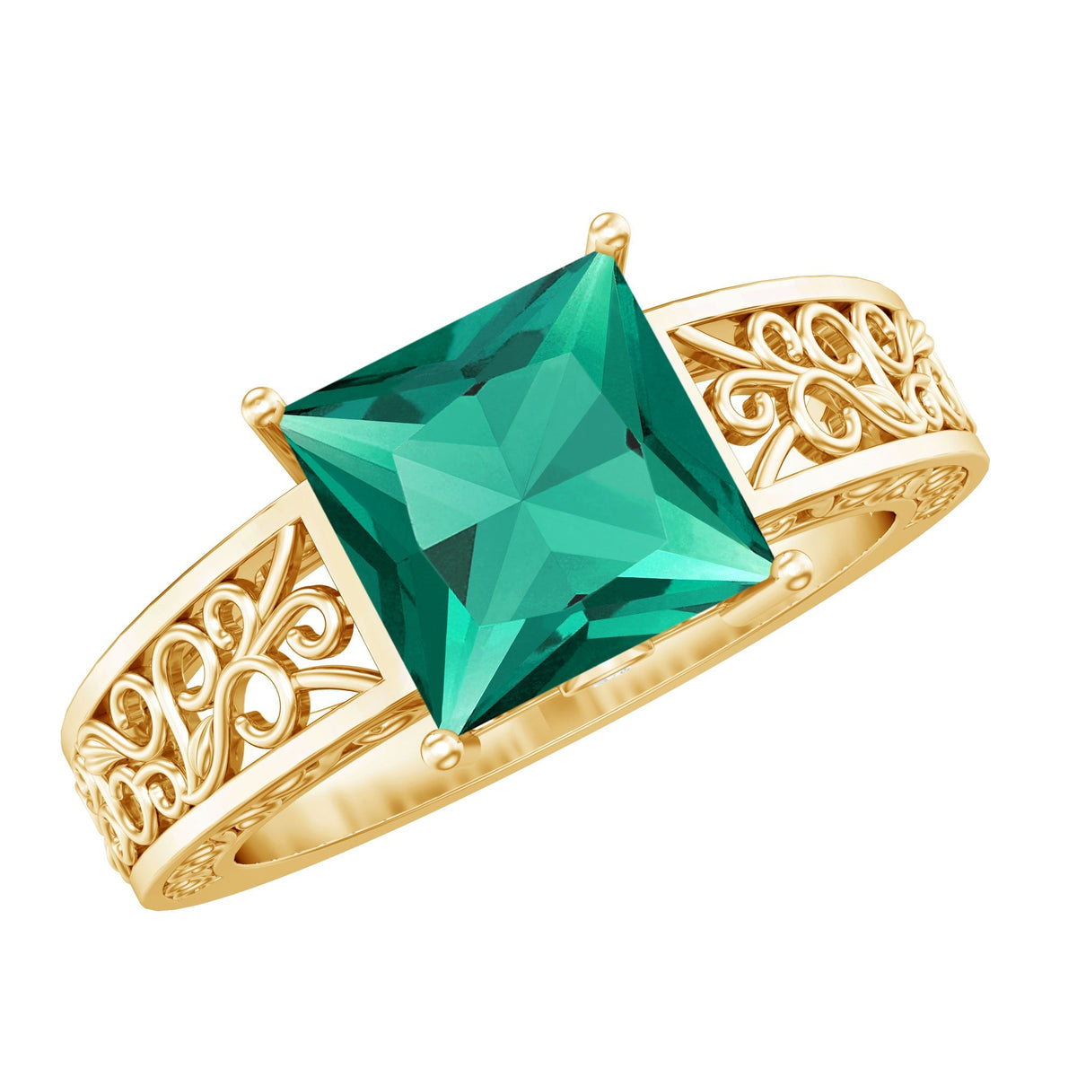Princess Cut Emerald Ring – Lab Grown 2 Carat Filigree Engagement Ring With Diamond Accent