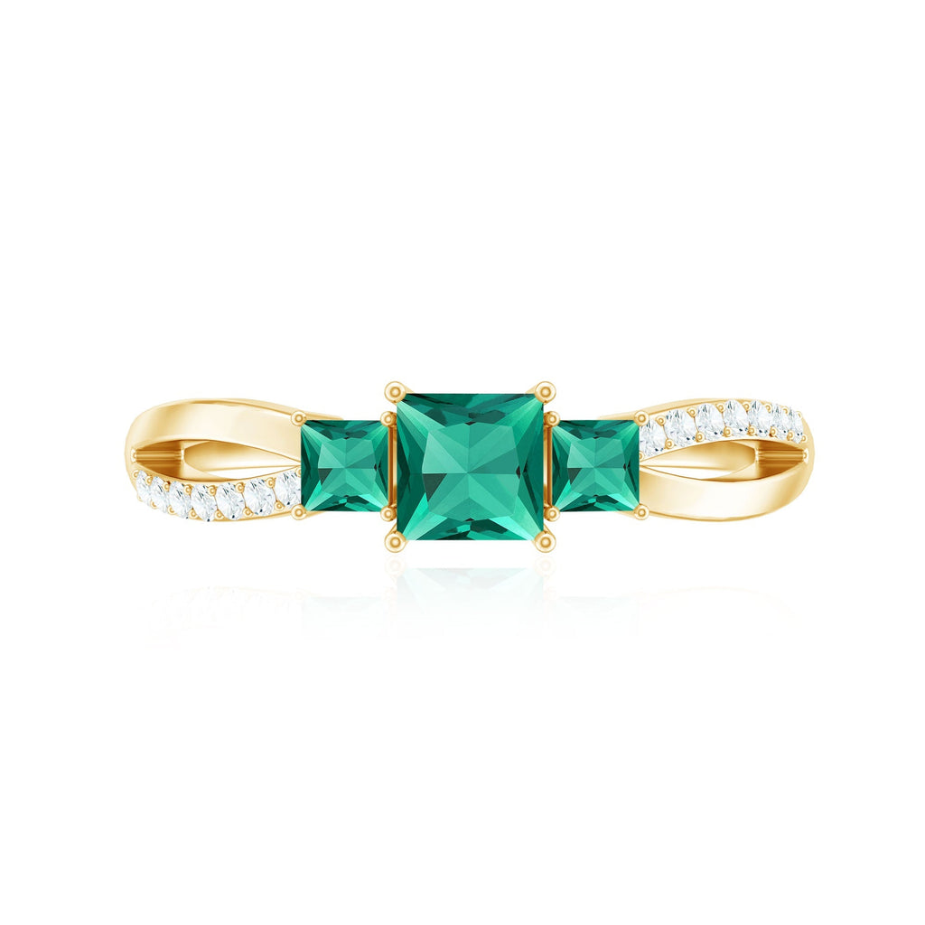 Princess Cut Emerald Ring – Lab Grown 3 Stone Promise Ring with Diamond Accents