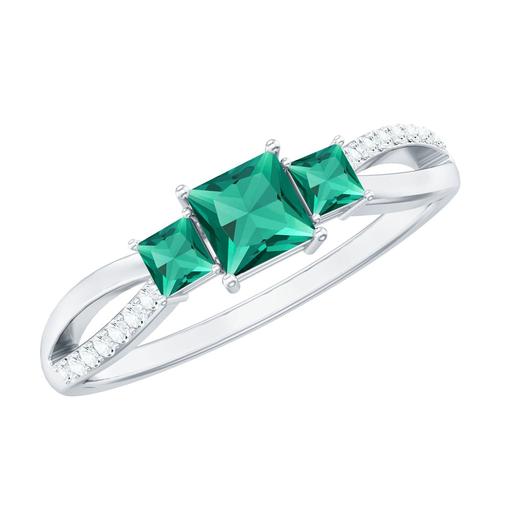 Princess Cut Emerald Ring – Lab Grown 3 Stone Promise Ring with Diamond Accents