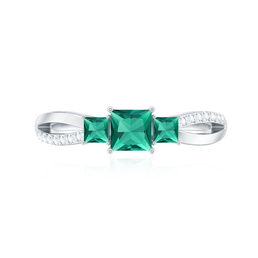 Princess Cut Emerald Ring – Lab Grown 3 Stone Promise Ring with Diamond Accents