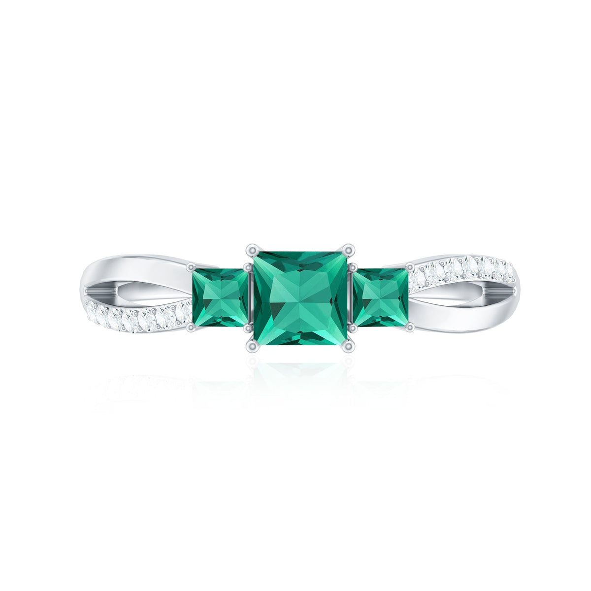 Princess Cut Emerald Ring – Lab Grown 3 Stone Promise Ring with Diamond Accents