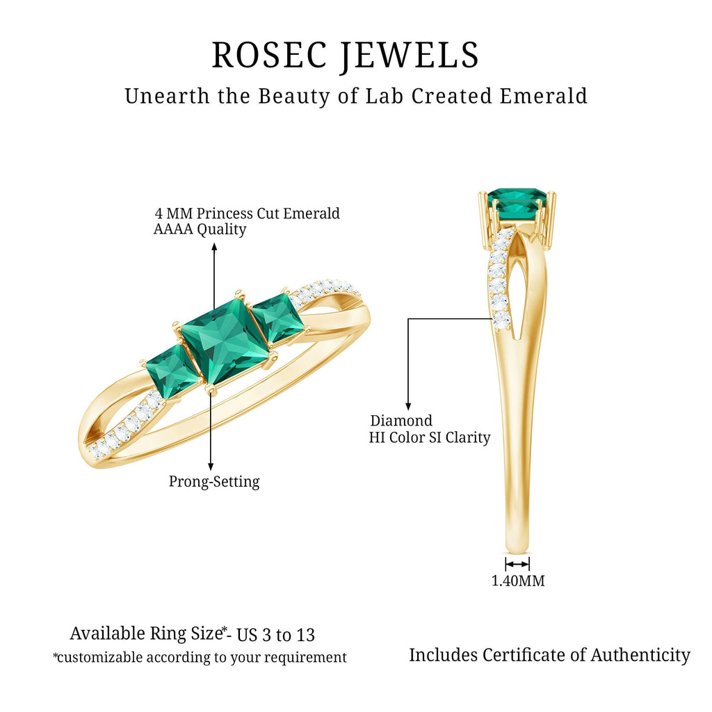Princess Cut Emerald Ring – Lab Grown 3 Stone Promise Ring with Diamond Accents