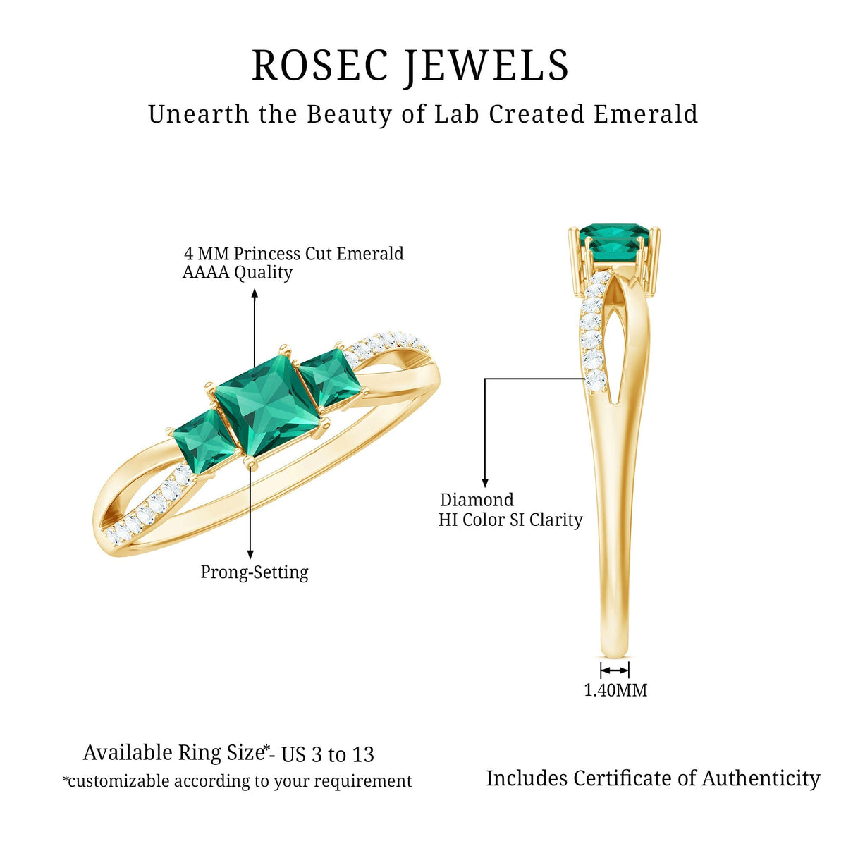 Princess Cut Emerald Ring – Lab Grown 3 Stone Promise Ring with Diamond Accents
