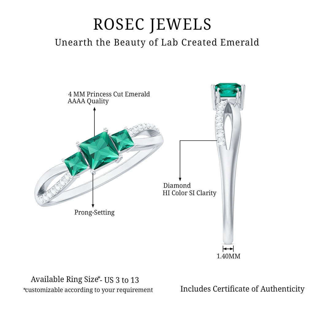 Princess Cut Emerald Ring – Lab Grown 3 Stone Promise Ring with Diamond Accents