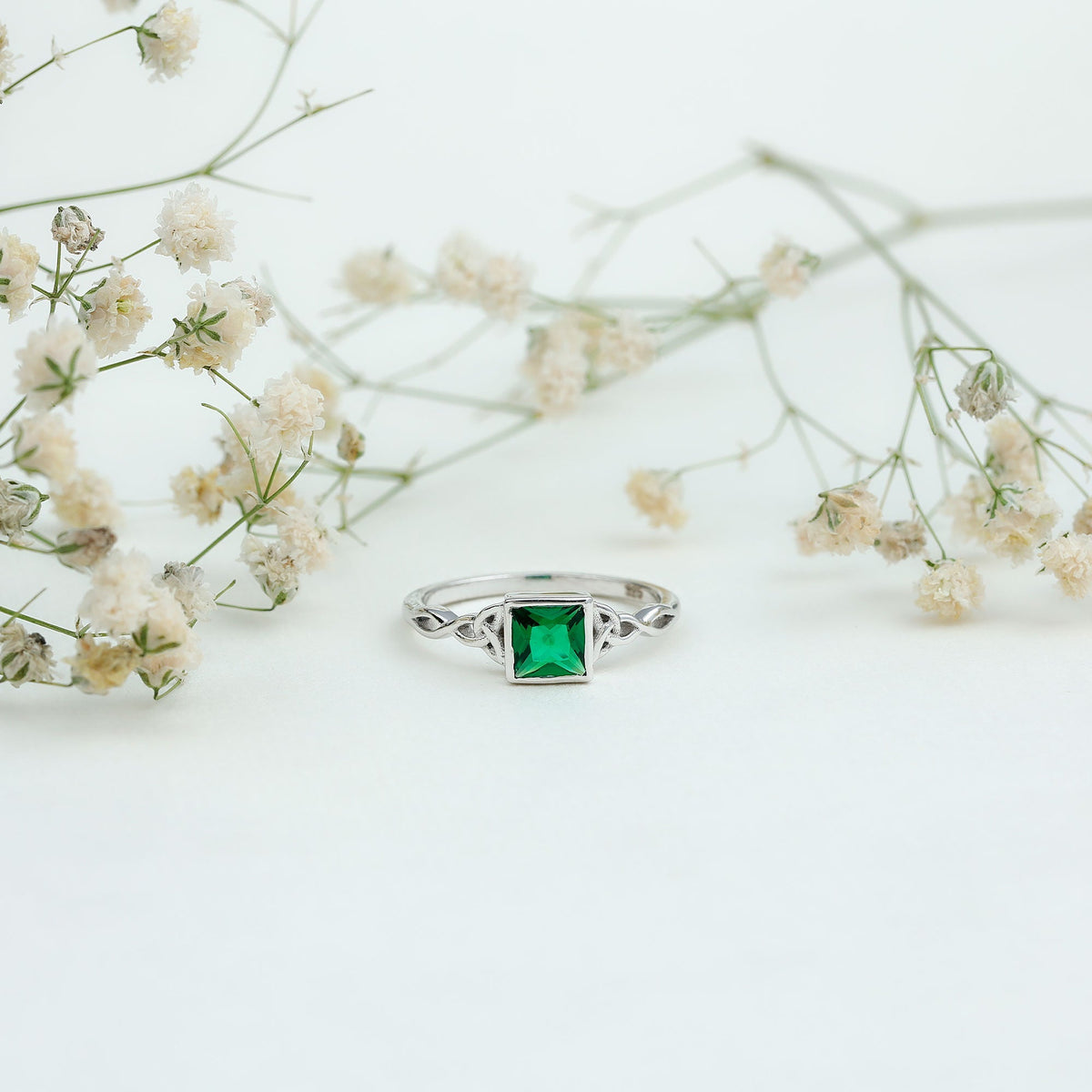 Princess Cut Emerald Ring – Lab Grown Bezel Setting Celtic Promise Band