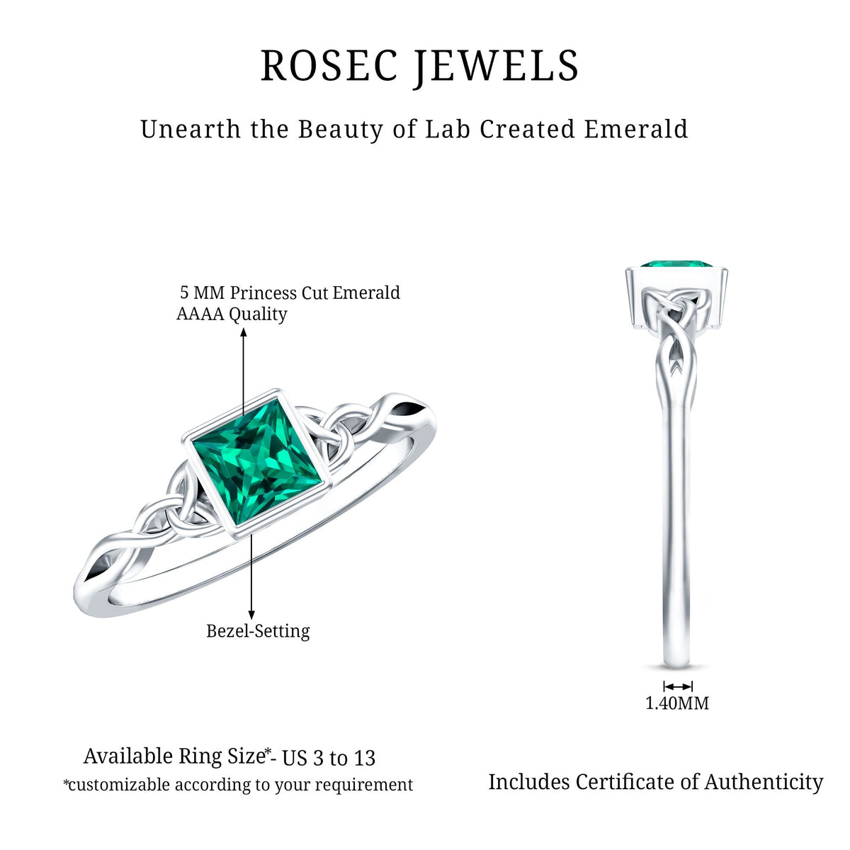 Princess Cut Emerald Ring – Lab Grown Bezel Setting Celtic Promise Band