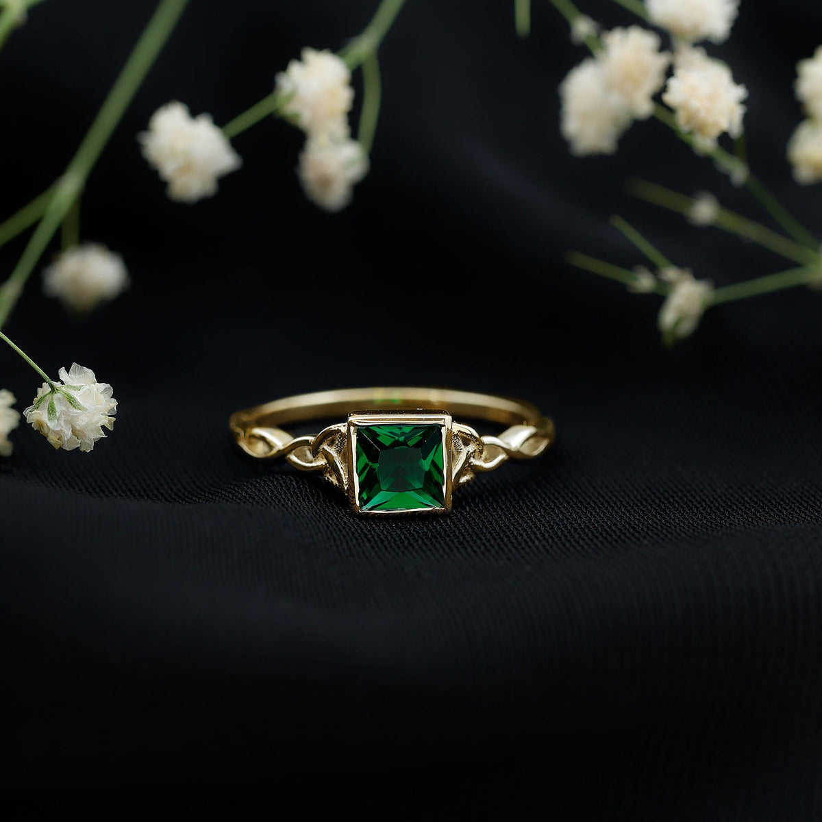 Princess Cut Emerald Ring – Lab Grown Bezel Setting Celtic Promise Band