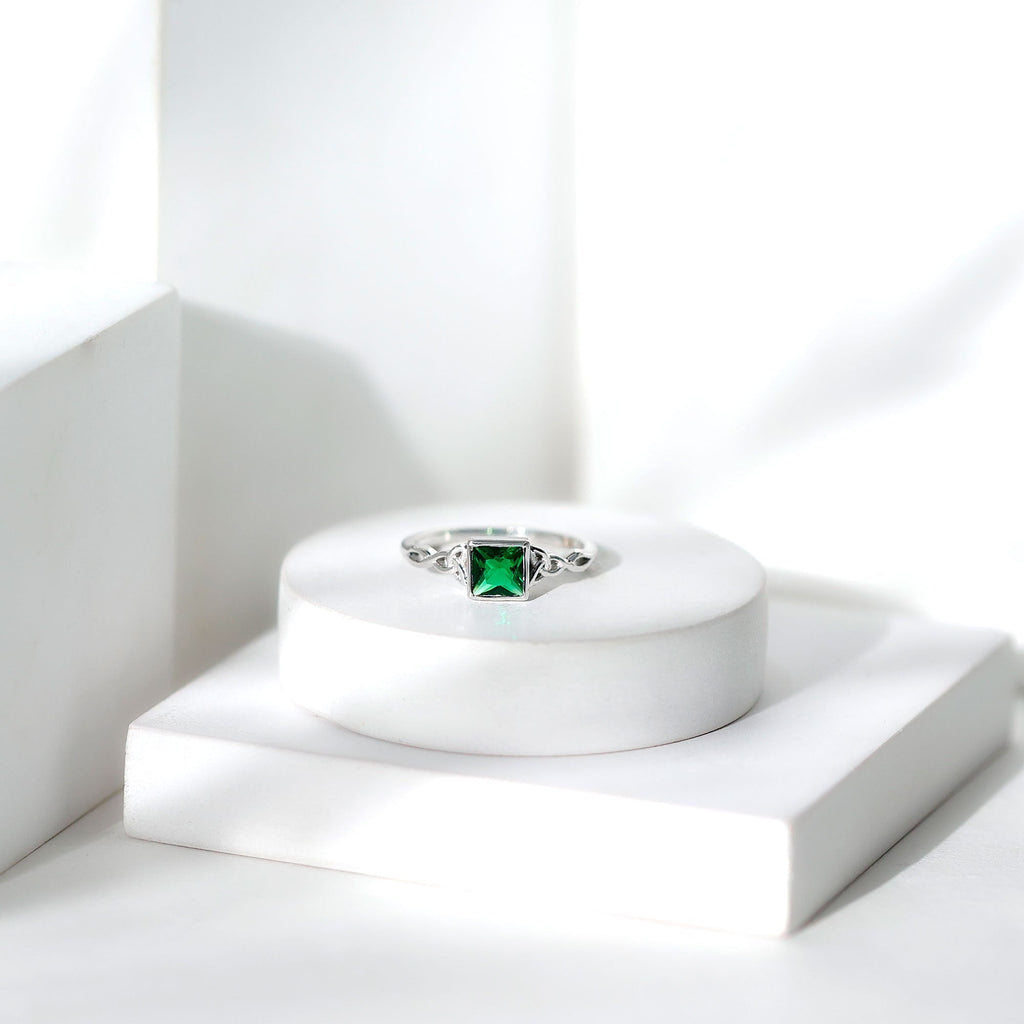 Princess Cut Emerald Ring – Lab Grown Bezel Setting Celtic Promise Band
