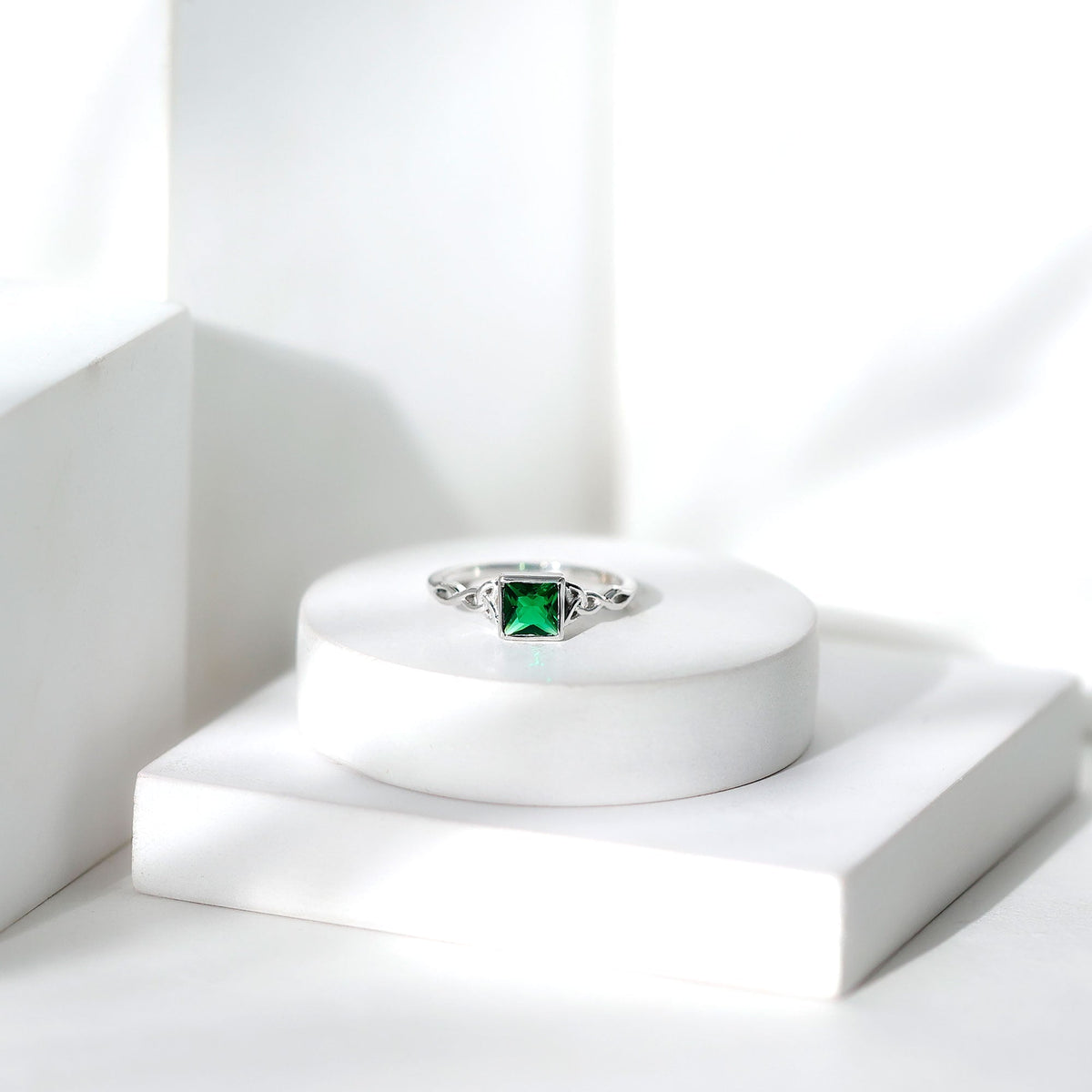 Princess Cut Emerald Ring – Lab Grown Bezel Setting Celtic Promise Band