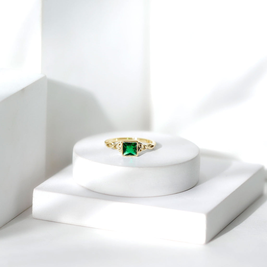 Princess Cut Emerald Ring – Lab Grown Bezel Setting Celtic Promise Band