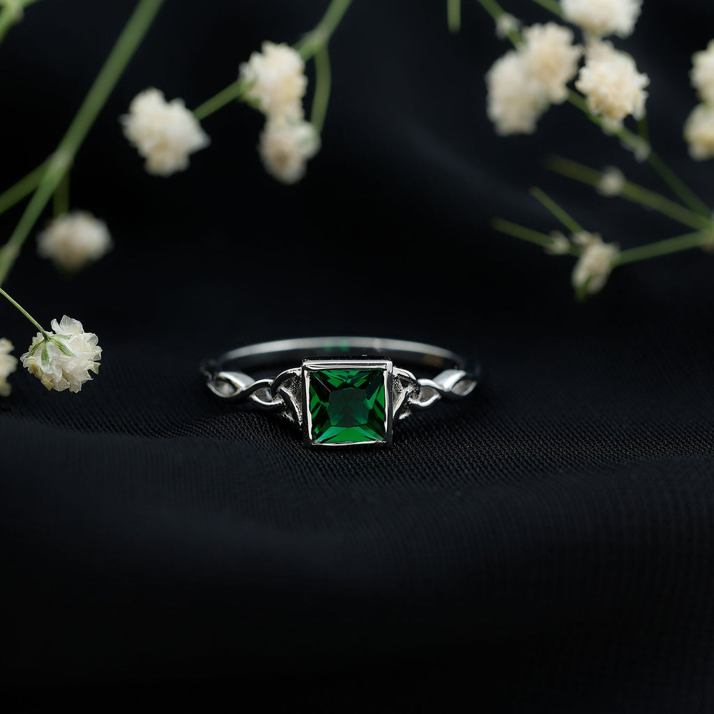 Princess Cut Emerald Ring – Lab Grown Bezel Setting Celtic Promise Band